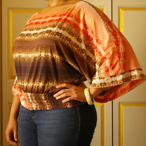 Coral and Brown Bell Sleeve Top